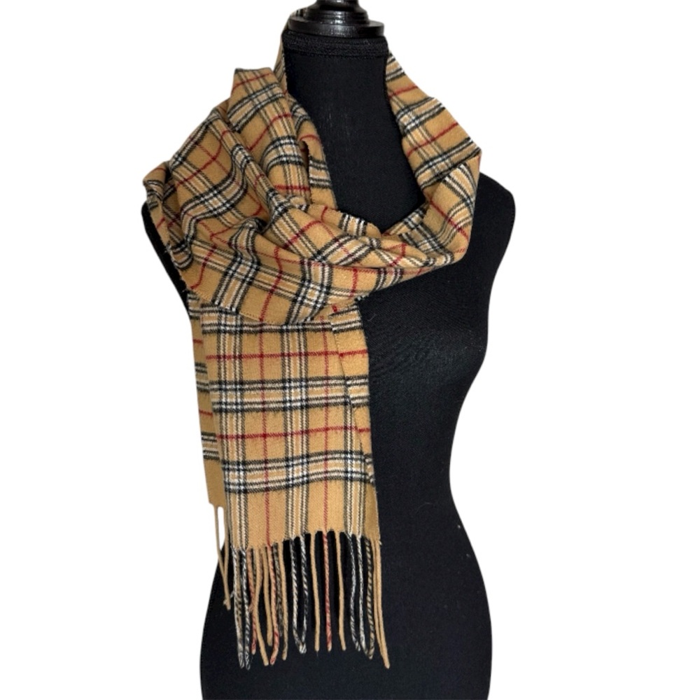 CASHMINK MANTLES Tan Plaid Scarf Fringe Black Red White Pattern Fleece Oblong